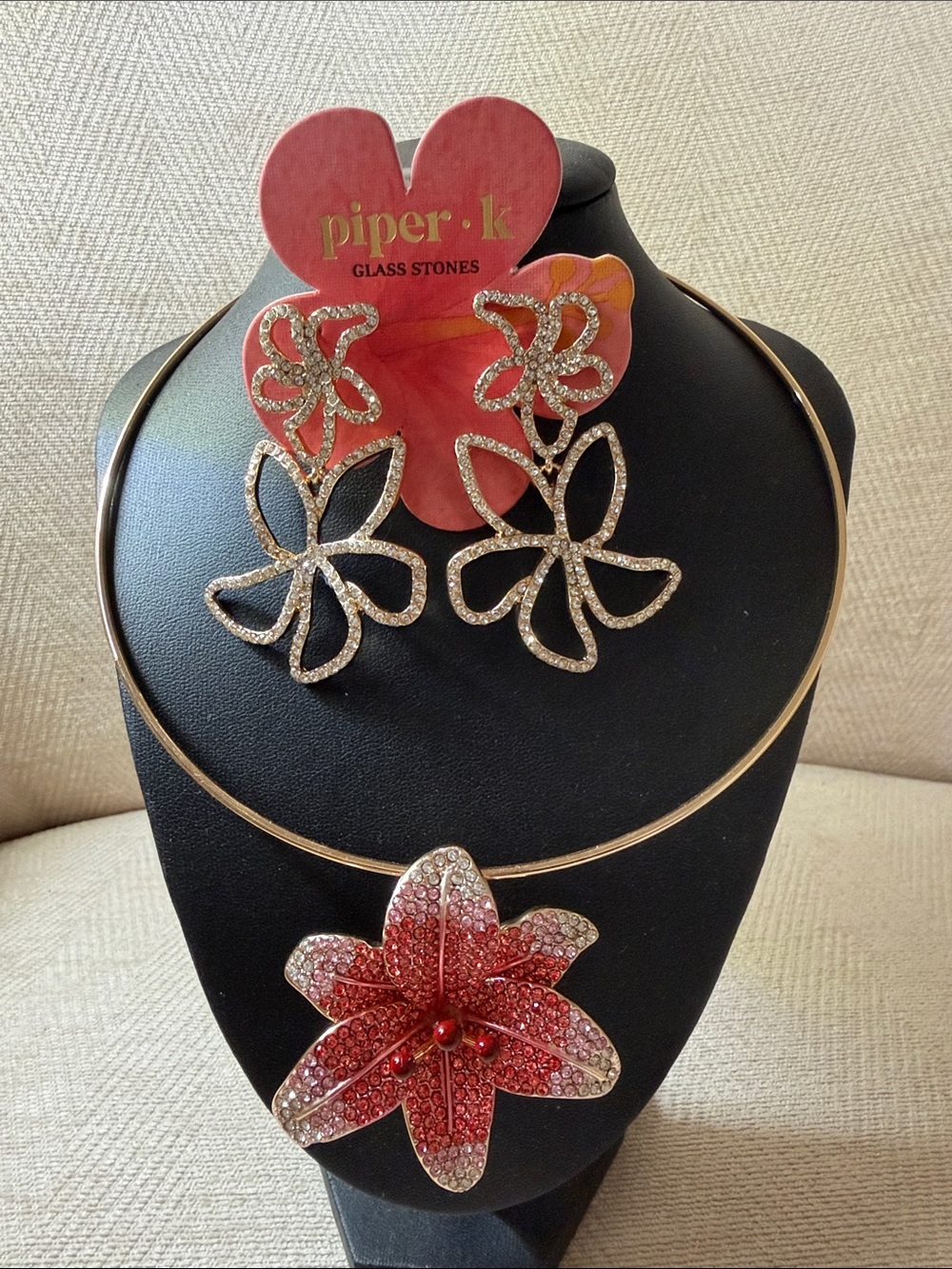 Piper Red and Clear Crystal Floral Necklace with Matching Earrings